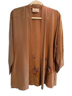 Vtg 60s Simmons 100% Silk Kimono Robe Hand Painted Floral Haori Luxury Boho